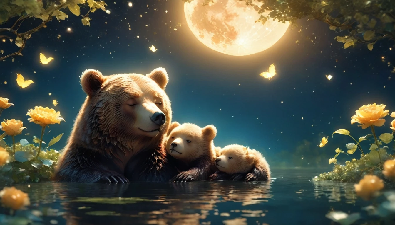 Serene 3D scene of a mother bear and her cub sleeping on a full crescent moon, Surrounded by lush foliage and a scattering of mooncakes. The outdoor environment is pitch black.、Only the moonlight illuminates the little bear., The night sky is perfectly reflected on the still water.. C4D Rendering.A photo of a baby bear taken from a very, very far distance、Draw the little bear small、Move away from the camera、darkness　darknessに浮かび上がる
