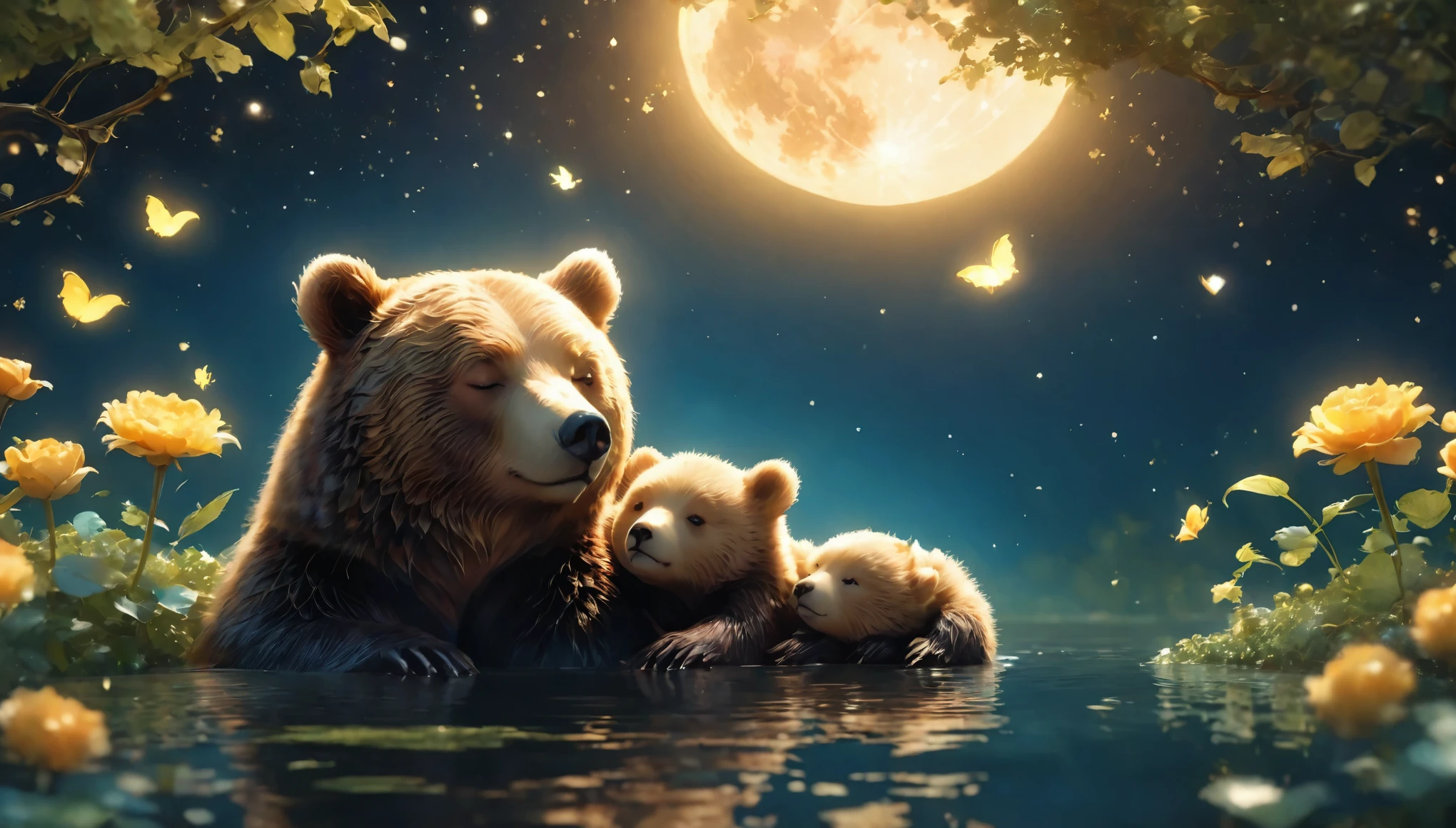 Serene 3D scene of a mother bear and her cub sleeping on a full crescent moon, Surrounded by lush foliage and a scattering of mooncakes. The outdoor environment is pitch black.、Only the moonlight illuminates the little bear., The night sky is perfectly reflected on the still water.. C4D Rendering.A photo of a baby bear taken from a very, very far distance、Draw the little bear small、Move away from the camera、darkness　darknessに浮かび上がる
