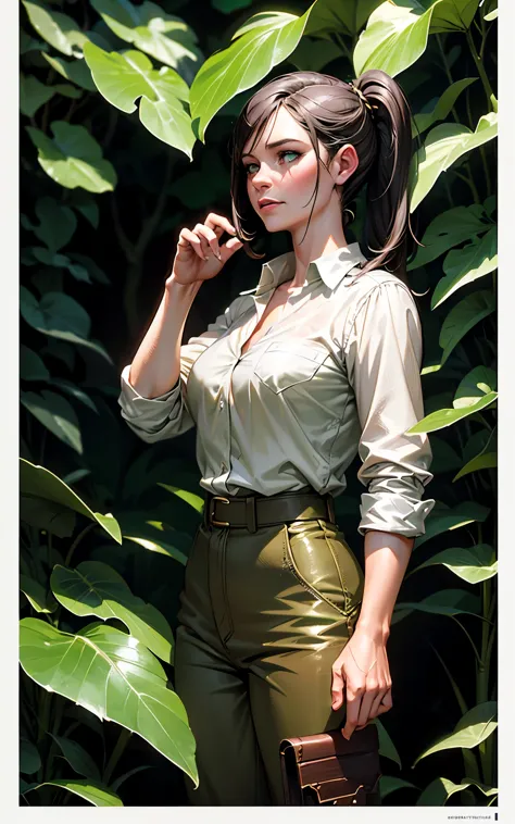 (evangeline lilly:alicia vikander) ponytail, explorer in the jungle, white shirt, green jacket, beige cargo pants, year 1925, lo...