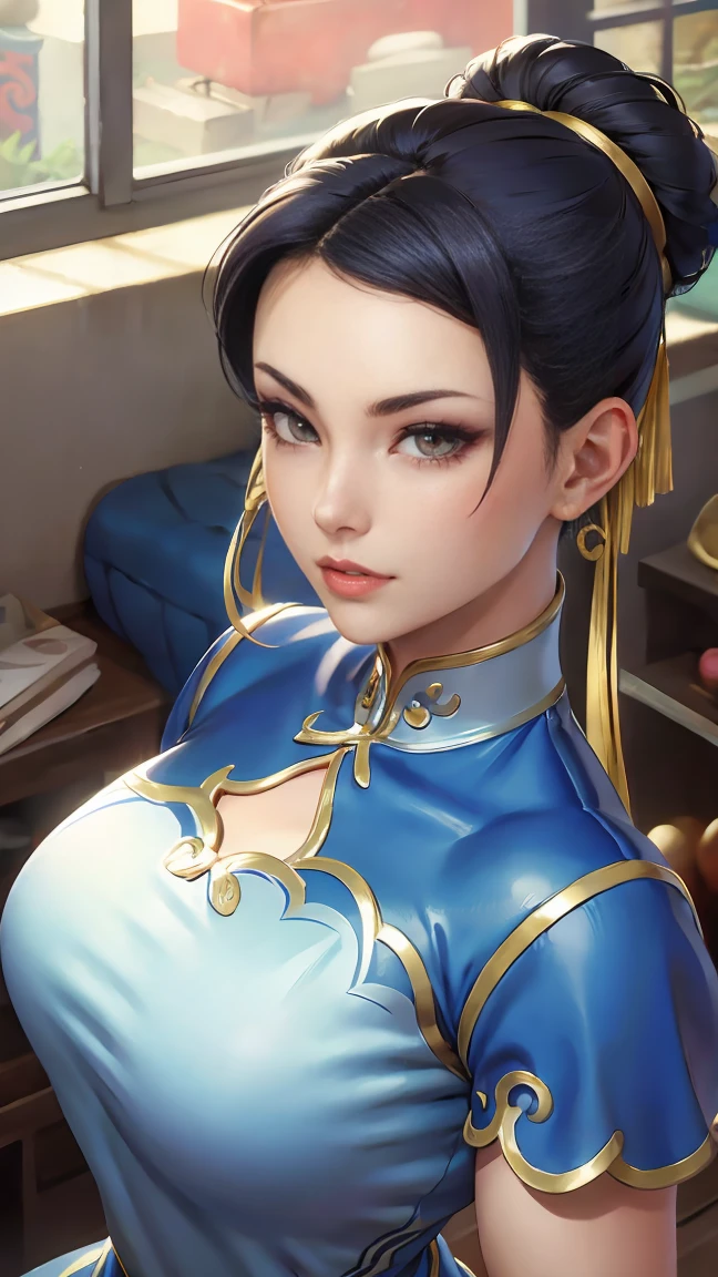 a beautiful detailed portrait of Chun Li, a muscular and thicc female fighter with stunning detailed facial features including beautiful detailed eyes, beautiful detailed lips, and extremely detailed face, long eyelashes, with a powerful and confident expression, wearing her iconic blue qipao outfit, dynamic action pose, highly detailed, photorealistic, 8k, high resolution, masterpiece, vibrant colors, dramatic lighting