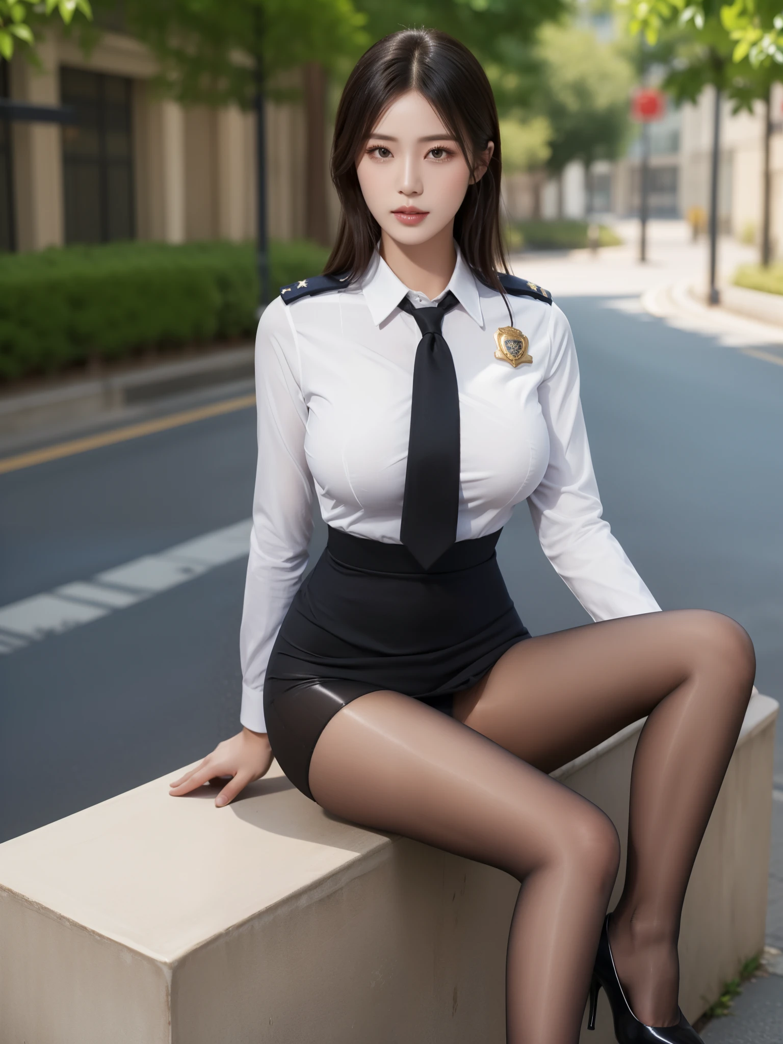 Best quality, full body portrait, delicate face, pretty face,  woman, slim figure, large bust, big breast,OL uniform, office clothes, police black stockings, outdoor scene, sitting position, 1girl, shirt_lift,bag,background,high-end high heels
