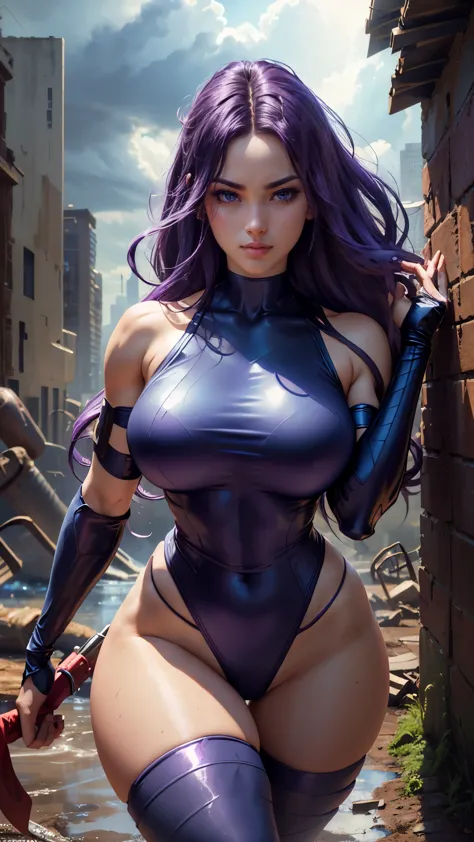 psylocke da marvel,(best qualityer,4k,8k,high resolution,work of art:1.2)(weather: cloudy), new york background, city ruins, wid...