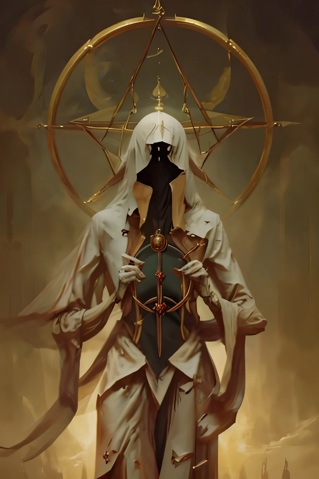  Towering, Beautiful, masterpiece, , Perfect lighting, Monster smile，Revealing twisted fangs, Cover your eyes with a mask, Phyrexian style，Giant Horn，Vitruvian Man, Very thin, Overlong arms, Sinister atmosphere, Something, Chain, god, Pentagram, Cult clothing