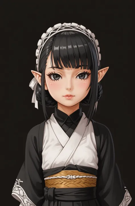 an anime character wearing short black and white hakamas, two ribbons {one at each side of her hairband}, white obi with black a...