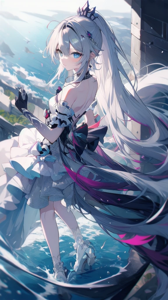 ((full body)),1 person, Alone, whole body, (Best Quality,8k,High resolution,masterpiece:1.2),Very detailed,(anime), The End of the Lord, Kiana \ (Serious impact 3)Very long white hair, blue eyes, Alone, Very detailed顔の特徴, Small and beautiful eyes, cute, Gazing at the audience, Shooting from above, Fantastic landscape, Bright colors, loose fitting dress, Rich details, Rich environment, Golden Ratio