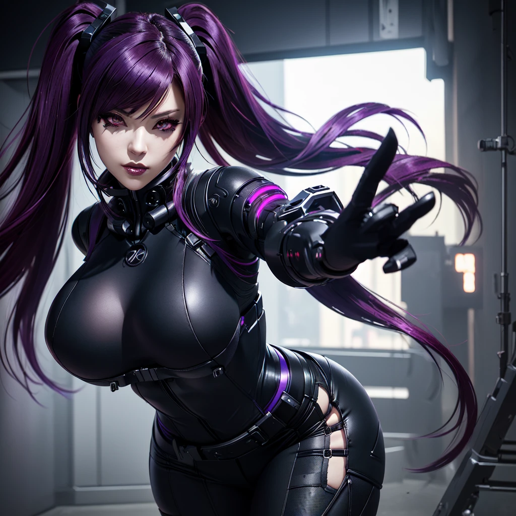 a close up of a woman in a black outfit with purple hair, katana zero video game character, oppai cyberpunk, android heroine, female action anime girl, perfect anime cyborg woman, female cyberpunk anime girl, juri misaki, biomechanical oppai, villainess, portrait ninja gaiden girl, sfm, fighting game character, anime cyberpunk, bloodrayne, industrial techno