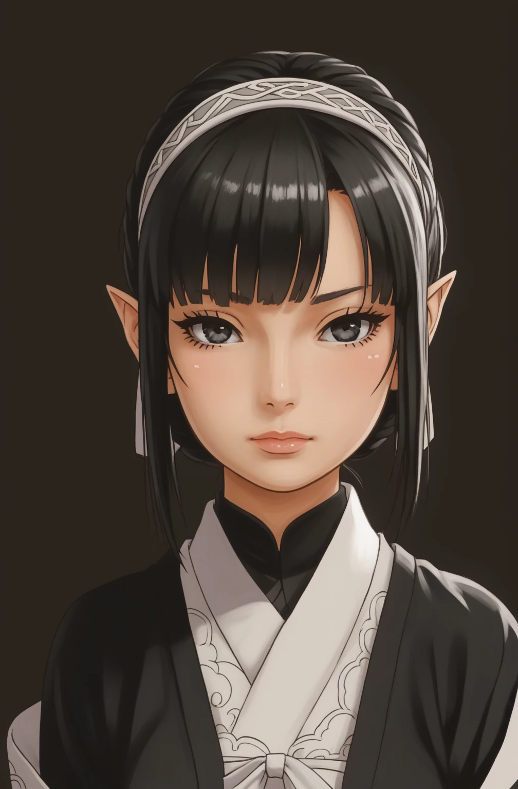 An anime character wearing short black and white hakamas, two ribbons {one at each side of her hairband}, white obi with black and white seigaiha pattern, girl with elf ears, a beautiful young girl with long black hair tied up in one single bun centered on top of her head, asymmetrical chopped bangs sideswept to the right, white hairband with ribbons on both sides of her head, a lock of hair falling in front of the right side of her face. Full shot of an anime character wearing short black and white hakamas, two ribbons {one at each side of her hairband}, white obi with black and white seigaiha pattern, create a digital illustration of full body of a female character with almond-shaped black eyes, elf ears, and round dots instead of eyebrows. For the hairstyle, she should have black hair styled into a single bun at the back of her head, complemented by asymmetrically chopped bangs that transition into a long lock on one side. Her outfit should match short hakama with detached sleeves and frills under the shorts and the sleeves, in a gothic style, featuring intricate white lace patterns, detailed cutouts, and a white obi with a black seigaiha black pattern. The upper part of the outfit should be a kimono blouse with detached sleeves. The outfit should include layered skirts and ribbon details to emphasize a similar aesthetic. Add a muted background that complements her striking attire and hairstyle. Artwork in the style of guweiz, digital art inspired by the style of Ilya Kuvshinov, 8k, high resolution, HDR, vivid colors, dramatic light detailed anime art, 8k, high resolution, photorealistic, dramatic lighting, artwork in the style of guweiz, detailed portrait of anime girl, beautiful anime portrait, anime realism style, anime style portrait, anime style 4 k, realistic anime art style, digital art ilya kuvshinov, realistic anime artstyle, ilya kuvshinov. Portrait anime girl, girl wearing black hakama with detached sleeves.