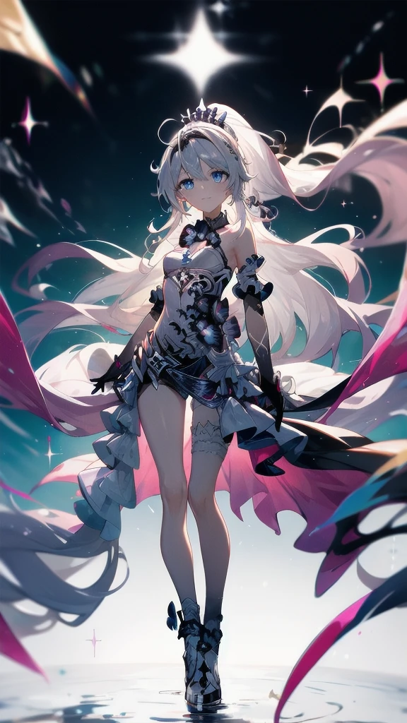 ((full body)),1 person, Alone, whole body, (Best Quality,8k,High resolution,masterpiece:1.2),Very detailed,(anime), The End of the Lord, Kiana \ (Serious impact 3)Very long white hair, blue eyes, Alone, Very detailed顔の特徴, Small and beautiful eyes, cute, Gazing at the audience, Shooting from above, Fantastic landscape, Bright colors, loose fitting dress, Rich details, Rich environment, Golden Ratio