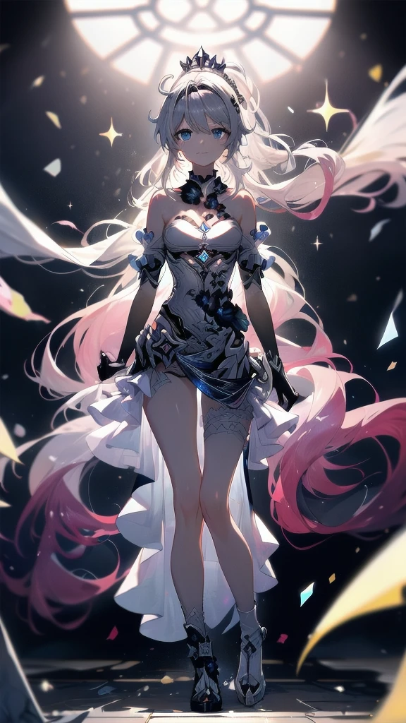 ((full body)),1 person, Alone, whole body, (Best Quality,8k,High resolution,masterpiece:1.2),Very detailed,(anime), The End of the Lord, Kiana \ (Serious impact 3)Very long white hair, blue eyes, Alone, Very detailed顔の特徴, Small and beautiful eyes, cute, Gazing at the audience, Shooting from above, Fantastic landscape, Bright colors, loose fitting dress, Rich details, Rich environment, Golden Ratio