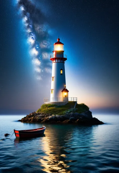 there is a small lighthouse on a small island , light house, lighthouse, set against a stary night background, boat with lamp, l...