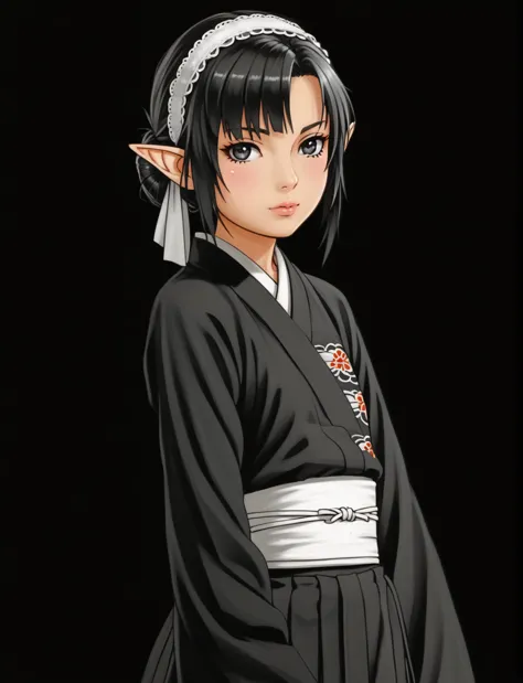 an anime character wearing short black and white hakamas, two ribbons {one at each side of her hairband}, white obi with black a...