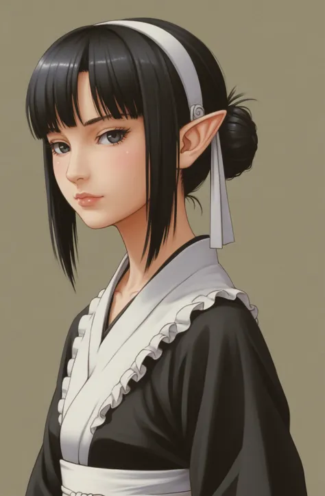 an anime character wearing short black and white hakamas, two ribbons {one at each side of her hairband}, white obi with black a...