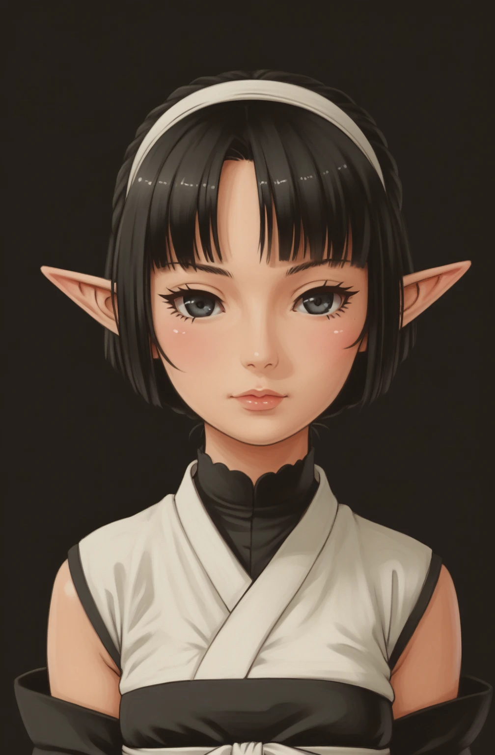 An anime character wearing short black and white hakamas, two ribbons {one at each side of her hairband}, white obi with black and white seigaiha pattern, girl with elf ears, a beautiful young girl with long black hair tied up in one single bun centered on top of her head, asymmetrical chopped bangs sideswept to the right, white hairband with ribbons on both sides of her head, a lock of hair falling in front of the right side of her face. Full shot of an anime character wearing short black and white hakamas, two ribbons {one at each side of her hairband}, white obi with black and white seigaiha pattern, create a digital illustration of full body of a female character with almond-shaped black eyes, elf ears, and round dots instead of eyebrows. For the hairstyle, she should have black hair styled into a single bun at the back of her head, complemented by asymmetrically chopped bangs that transition into a long lock on one side. Her outfit should match short hakama with detached sleeves and frills under the shorts and the sleeves, in a gothic style, featuring intricate white lace patterns, detailed cutouts, and a white obi with a black seigaiha black pattern. The upper part of the outfit should be a kimono blouse with detached sleeves. The outfit should include layered skirts and ribbon details to emphasize a similar aesthetic. Add a muted background that complements her striking attire and hairstyle. Artwork in the style of guweiz, digital art inspired by the style of Ilya Kuvshinov, 8k, high resolution, HDR, vivid colors, dramatic light detailed anime art, 8k, high resolution, photorealistic, dramatic lighting, artwork in the style of guweiz, detailed portrait of anime girl, beautiful anime portrait, anime realism style, anime style portrait, anime style 4 k, realistic anime art style, digital art ilya kuvshinov, realistic anime artstyle, ilya kuvshinov. Portrait anime girl, girl wearing black hakama with detached sleeves.