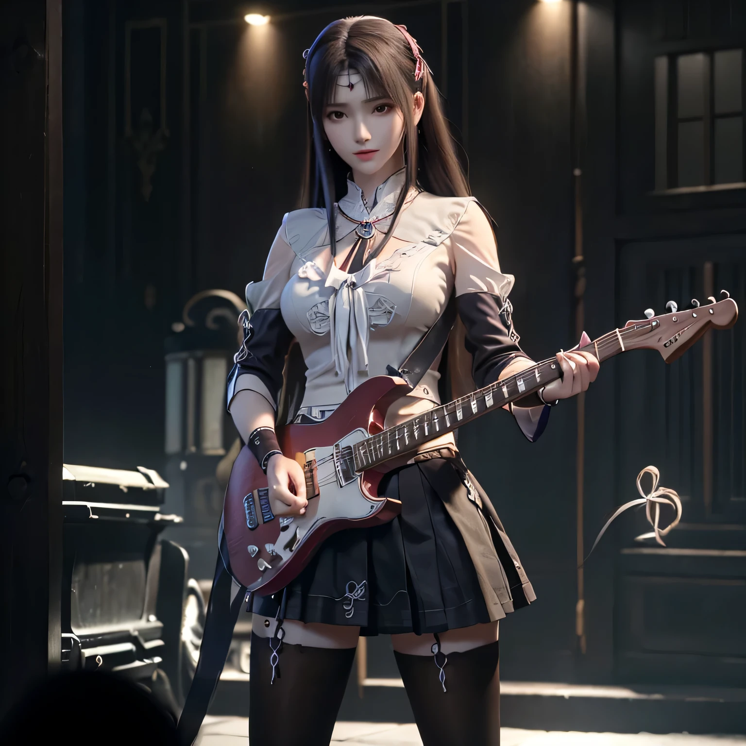 Playing electric guitar, (extremely detailed CG unity 8k wallpaper), (((masterpiece)), ((best quality)), ((extremely delicate and beautiful)), realism, very pretty girl, masterpiece, best quality, Red T-shirt, shorts skirt, neon lights, Rococo, Facial skin comes to life、exquisite, 8k wallpaper, black ribbon, White bow, real, The original, long hair, super long hair, heart shaped hair accessories, jewelry, Ribbon necklace, period, wristband, seductive smile, Excited, heart shaped pupils, look up, look up, permanent, extremely delicate and beautiful, Dynamic angle, Navel exposed, head tilt, Expand, fighting stance,