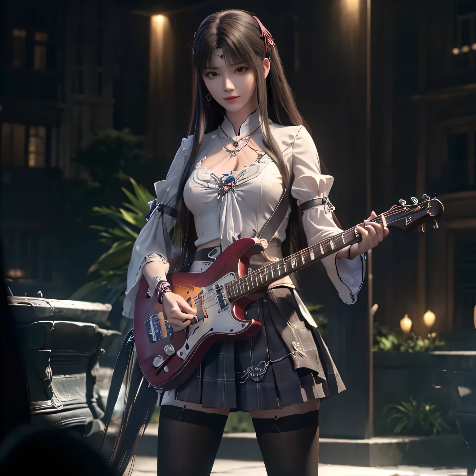 Playing electric guitar, (extremely detailed CG unity 8k wallpaper), (((masterpiece)), ((best quality)), ((extremely delicate and beautiful)), realism, very pretty girl, masterpiece, best quality, Red T-shirt, shorts skirt, neon lights, Rococo, Facial skin comes to life、exquisite, 8k wallpaper, black ribbon, White bow, real, The original, long hair, super long hair, heart shaped hair accessories, jewelry, Ribbon necklace, period, wristband, seductive smile, Excited, heart shaped pupils, look up, look up, permanent, extremely delicate and beautiful, Dynamic angle, Navel exposed, head tilt, Expand, fighting stance,