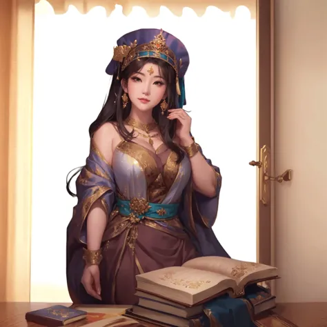 arafed woman in a dress and headdress sitting at a table with a book, artwork in the style of guweiz, beautiful character painti...