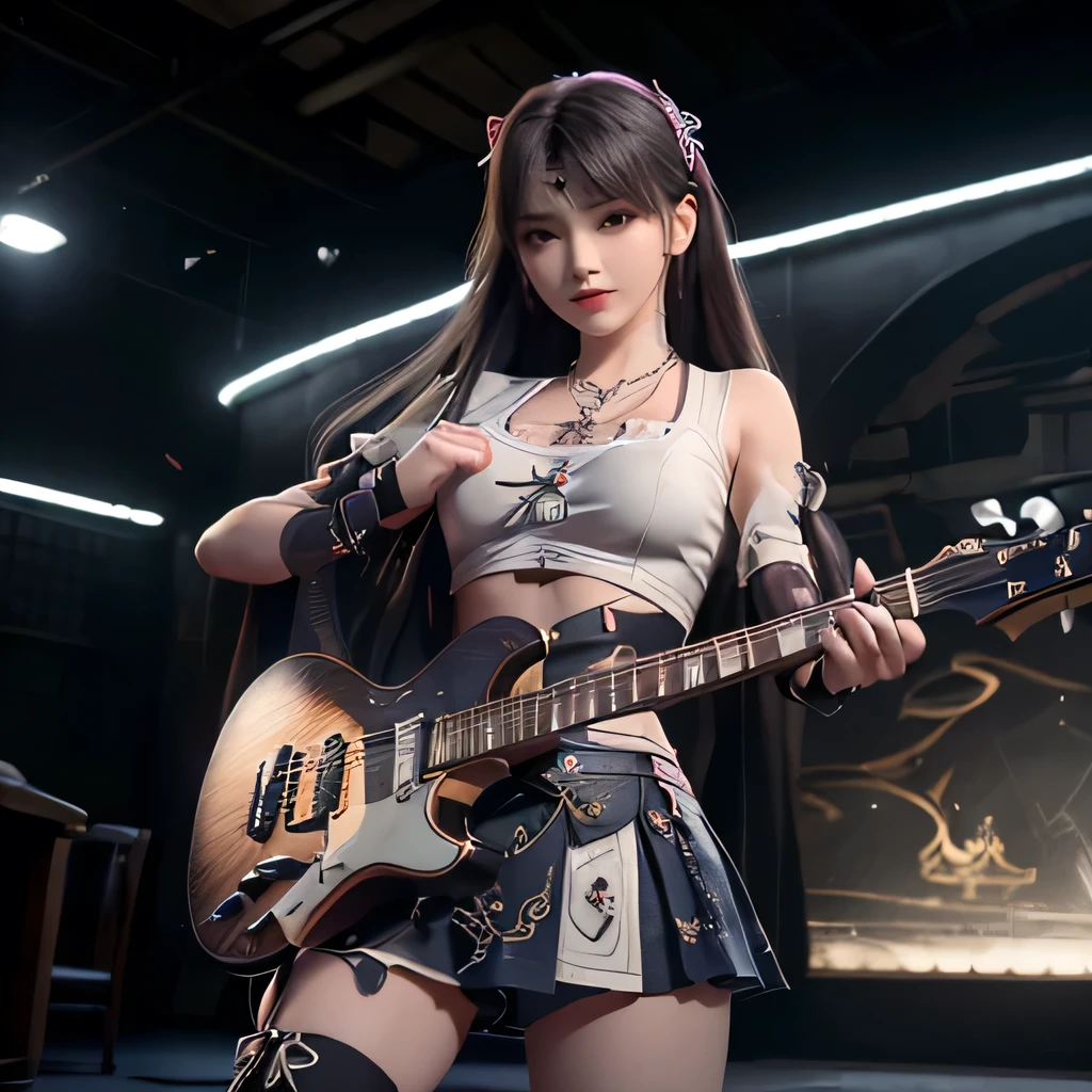 Playing electric guitar(extremely detailed CG unity 8k wallpaper), (((masterpiece)), ((best quality)), ((extremely delicate and beautiful)), realism, very pretty girl, masterpiece, best quality, Red T-shirt, shorts skirt, neon lights, Rococo, Facial skin comes to life、exquisite, 8k wallpaper, black ribbon, White bow, real, The original, long hair, super long hair, heart shaped hair accessories, jewelry, Ribbon necklace, period, wristband, seductive smile, Excited, heart shaped pupils, look up, look up, permanent, extremely delicate and beautiful, Dynamic angle, Navel exposed, head tilt, Expand, fighting stance,