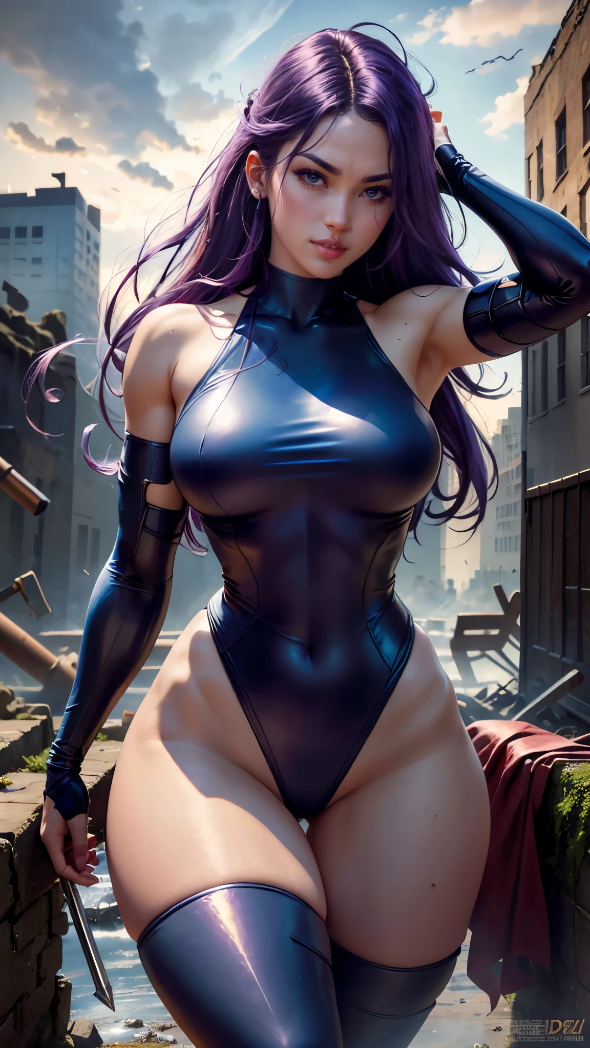 Psylocke da Marvel,(best qualityer,4K,8k,high resolution,work of art:1.2)(weather: cloudy), new york background, city ruins, wide hips, long curly hair, purple hair, sleeveless leotard, arm long fingerless gloves, red belt, thigh high stockings, hugh heels, light makeup, heroic pose, ultra detailed,portrait,realistic,beautiful detailed blue eyes, beautiful detailed lips,extremely detailed eye and face, long eyelashes,average, large breasts,flying hair,beaming smile, sexy smile,powerful girl in combat, bright coloured, dramatic lighting, muddy body, smoke,