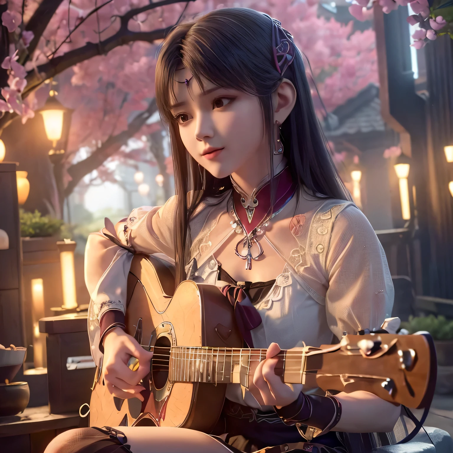 Playing electric guitar(extremely detailed CG unity 8k wallpaper), (((masterpiece)), ((best quality)), ((extremely delicate and beautiful)), realism, very pretty girl, masterpiece, best quality, Red T-shirt, shorts skirt, neon lights, Rococo, Facial skin comes to life、exquisite, 8k wallpaper, black ribbon, White bow, real, The original, long hair, super long hair, heart shaped hair accessories, jewelry, Ribbon necklace, period, wristband, seductive smile, Excited, heart shaped pupils, look up, look up, permanent, extremely delicate and beautiful, Dynamic angle, Navel exposed, head tilt, Expand, fighting stance,