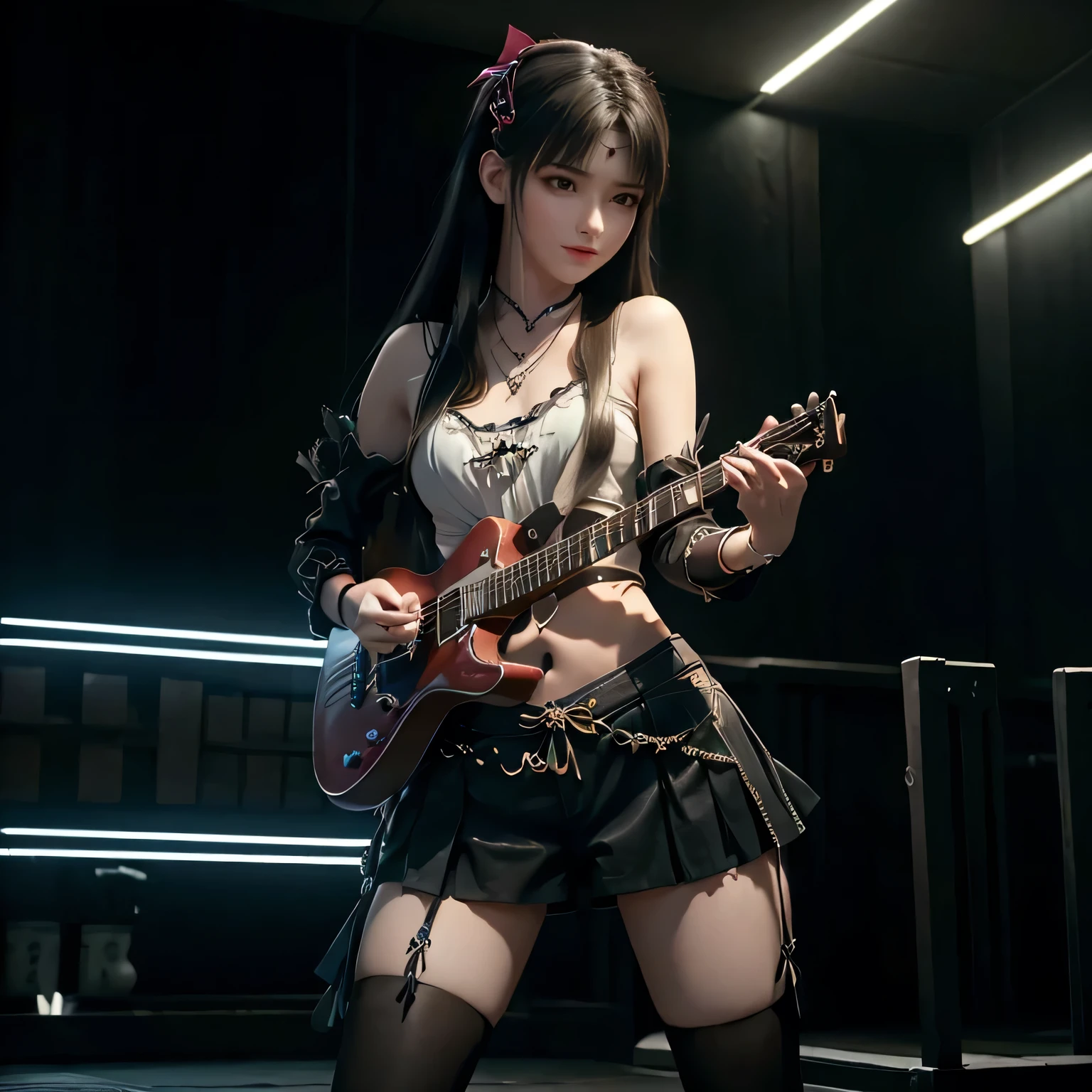 Playing electric guitar(extremely detailed CG unity 8k wallpaper), (((masterpiece)), ((best quality)), ((extremely delicate and beautiful)), realism, very pretty girl, masterpiece, best quality, Red T-shirt, shorts skirt, neon lights, Rococo, Facial skin comes to life、exquisite, 8k wallpaper, black ribbon, White bow, real, The original, long hair, super long hair, heart shaped hair accessories, jewelry, Ribbon necklace, period, wristband, seductive smile, Excited, heart shaped pupils, look up, look up, permanent, extremely delicate and beautiful, Dynamic angle, Navel exposed, head tilt, Expand, fighting stance,