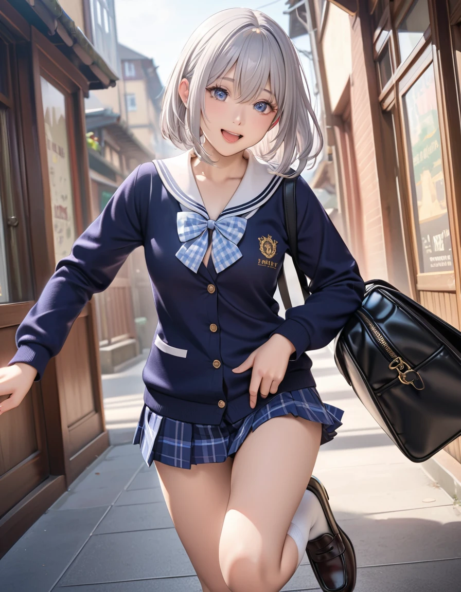 (masterpiece,best quality) (cute, hdr, 32K, high details, perfect lighting, perfect anatomy), BREAK (shiny silver hair:1.2), (bob cut, bang between eyes, beautiful hair), (glossy silver eyes:1.5), (beautiful eyes, twinkle eyes, large eyes), (athlete body), cute face, beautiful face, pretty face, beautiful, best quality, good anatomy, long eyelashes, expressive eyes, Perfect Hands, perfecteyes, BREAK cute school uniform, outerwear is (dark navy large cotton cardigan:1.5), closed front, long sleeves, (button-up:1.3), (dark navy tops:1.5), innerwear is white collared shirt, she buttons up the collar of her inner shirt, (light blue gingham plaid ribbon on neck:1.3), light blue gingham plaid pleated skirt, mini skirt, white socks, loafers, holding black school bag left shoulder, BREAK 1girl, at (10:00 O'clock, morning, sunny day), (running), city, close eyes, open mouth, smile, 