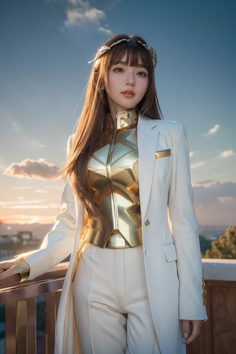 ((masterpiece, best quality, Extremely detailed), Volumetric Lighting, Ambient Occlusion, rich and colorful, Luminescence), 1 Girl, Solitary, Young Girls, (Chestnut bangs), Long hair, Halo, Halo, sacred, goddess, Priesthood, (White suit with gold details:1.3), armor, outdoor, Sunset, Sky, cloud, space, (Fantasy theme:1.2),