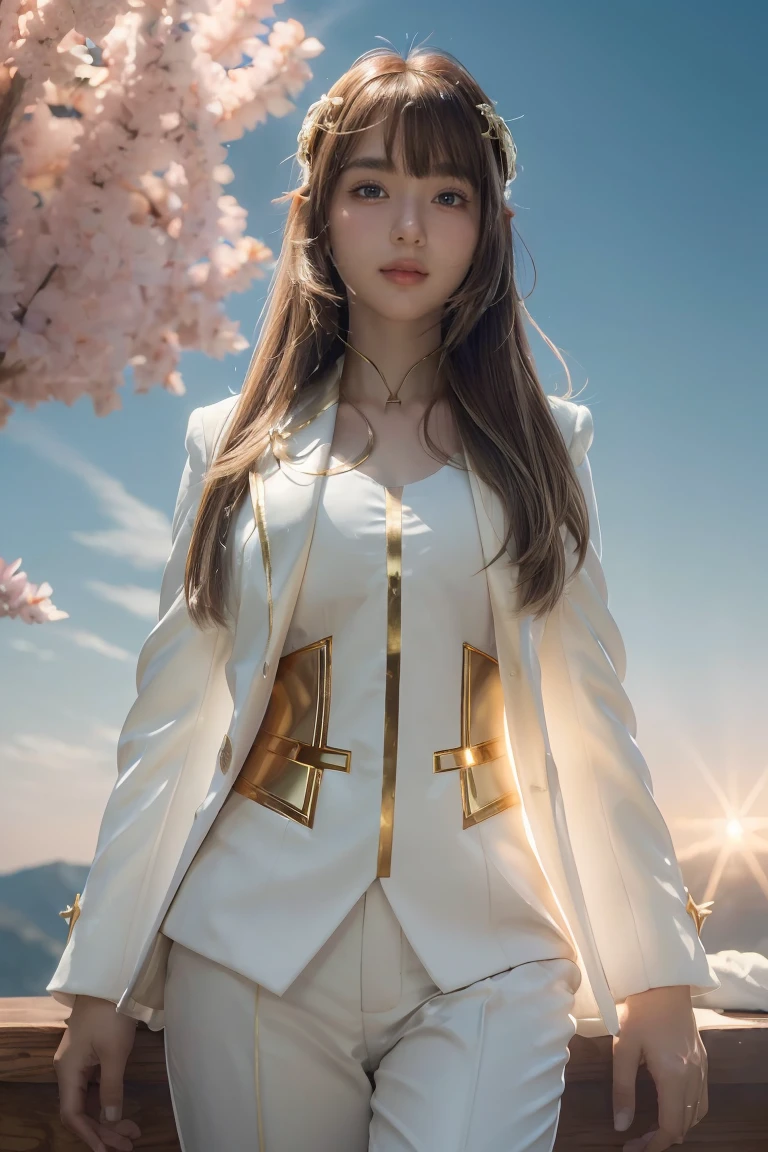 ((masterpiece, best quality, Extremely detailed), Volumetric Lighting, Ambient Occlusion, rich and colorful, Luminescence), 1 Girl, Solitary, Young Girls, (Chestnut bangs), Long hair, Halo, Halo, sacred, goddess, Priesthood, (White suit with gold details:1.3), armor, outdoor, Sunset, Sky, cloud, space, (Fantasy theme:1.2),