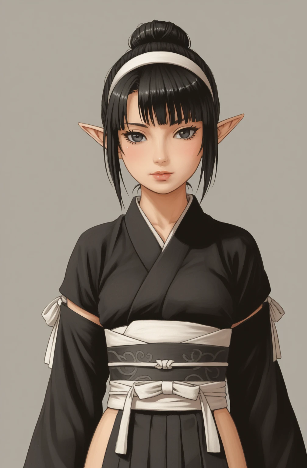 An anime character wearing short black and white hakamas, two ribbons {one at each side of her hairband}, white obi with black and white seigaiha pattern, girl with elf ears, a beautiful young girl with long black hair tied up in one single bun centered on top of her head, asymmetrical chopped bangs sideswept to the right, white hairband with ribbons on both sides of her head, a lock of hair falling in front of the right side of her face. Full shot of an anime character wearing short black and white hakamas, two ribbons {one at each side of her hairband}, white obi with black and white seigaiha pattern, create a digital illustration of full body of a female character with almond-shaped black eyes, elf ears, and round dots instead of eyebrows. For the hairstyle, she should have black hair styled into a single bun at the back of her head, complemented by asymmetrically chopped bangs that transition into a long lock on one side. Her outfit should match short hakama with detached sleeves and frills under the shorts and the sleeves, in a gothic style, featuring intricate white lace patterns, detailed cutouts, and a white obi with a black seigaiha black pattern. The upper part of the outfit should be a kimono blouse with detached sleeves. The outfit should include layered skirts and ribbon details to emphasize a similar aesthetic. Add a muted background that complements her striking attire and hairstyle. Artwork in the style of guweiz, digital art inspired by the style of Ilya Kuvshinov, 8k, high resolution, HDR, vivid colors, dramatic light detailed anime art, 8k, high resolution, photorealistic, dramatic lighting, artwork in the style of guweiz, detailed portrait of anime girl, beautiful anime portrait, anime realism style, anime style portrait, anime style 4 k, realistic anime art style, digital art ilya kuvshinov, realistic anime artstyle, ilya kuvshinov. Portrait anime girl, girl wearing black hakama with detached sleeves.