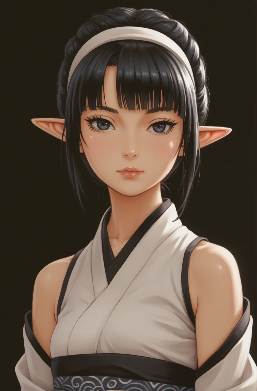 An anime character wearing short black and white hakamas, two ribbons {one at each side of her hairband}, white obi with black and white seigaiha pattern, girl with elf ears, a beautiful young girl with long black hair tied up in one single bun centered on top of her head, asymmetrical chopped bangs sideswept to the right, white hairband with ribbons on both sides of her head, a lock of hair falling in front of the right side of her face. Full shot of an anime character wearing short black and white hakamas, two ribbons {one at each side of her hairband}, white obi with black and white seigaiha pattern, create a digital illustration of full body of a female character with almond-shaped black eyes, elf ears, and round dots instead of eyebrows. For the hairstyle, she should have black hair styled into a single bun at the back of her head, complemented by asymmetrically chopped bangs that transition into a long lock on one side. Her outfit should match short hakama with detached sleeves and frills under the shorts and the sleeves, in a gothic style, featuring intricate white lace patterns, detailed cutouts, and a white obi with a black seigaiha black pattern. The upper part of the outfit should be a kimono blouse with detached sleeves. The outfit should include layered skirts and ribbon details to emphasize a similar aesthetic. Add a muted background that complements her striking attire and hairstyle. Artwork in the style of guweiz, digital art inspired by the style of Ilya Kuvshinov, 8k, high resolution, HDR, vivid colors, dramatic light detailed anime art, 8k, high resolution, photorealistic, dramatic lighting, artwork in the style of guweiz, detailed portrait of anime girl, beautiful anime portrait, anime realism style, anime style portrait, anime style 4 k, realistic anime art style, digital art ilya kuvshinov, realistic anime artstyle, ilya kuvshinov. Portrait anime girl, girl wearing black hakama with detached sleeves.