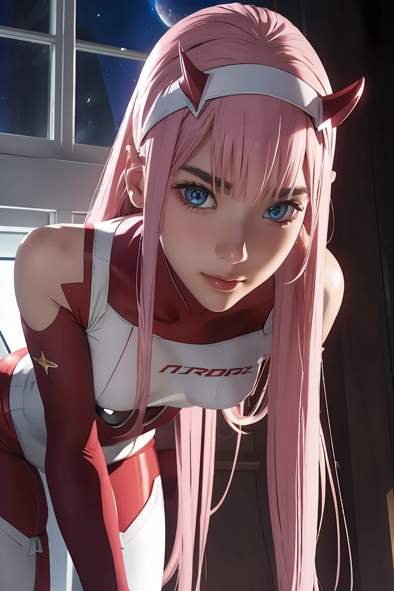 dynamic angle,ultra-detailed, illustration, straight on, 1girl, ((Zero two, interface headband with a pair of horns, red bodysuit:1.4, pink hair)), Her eyes shone like dreamy stars,(glowing eyes:1.233),(beautiful and detailed eyes:1.1),(expressionless, closed mouth),(standing), (mechanic room with tools and spaceship window in a white SPACESHIP), (night:1.2), dreamy, [[delicate fingers and hands:0.55]::0.85],(detail fingers), smirk,