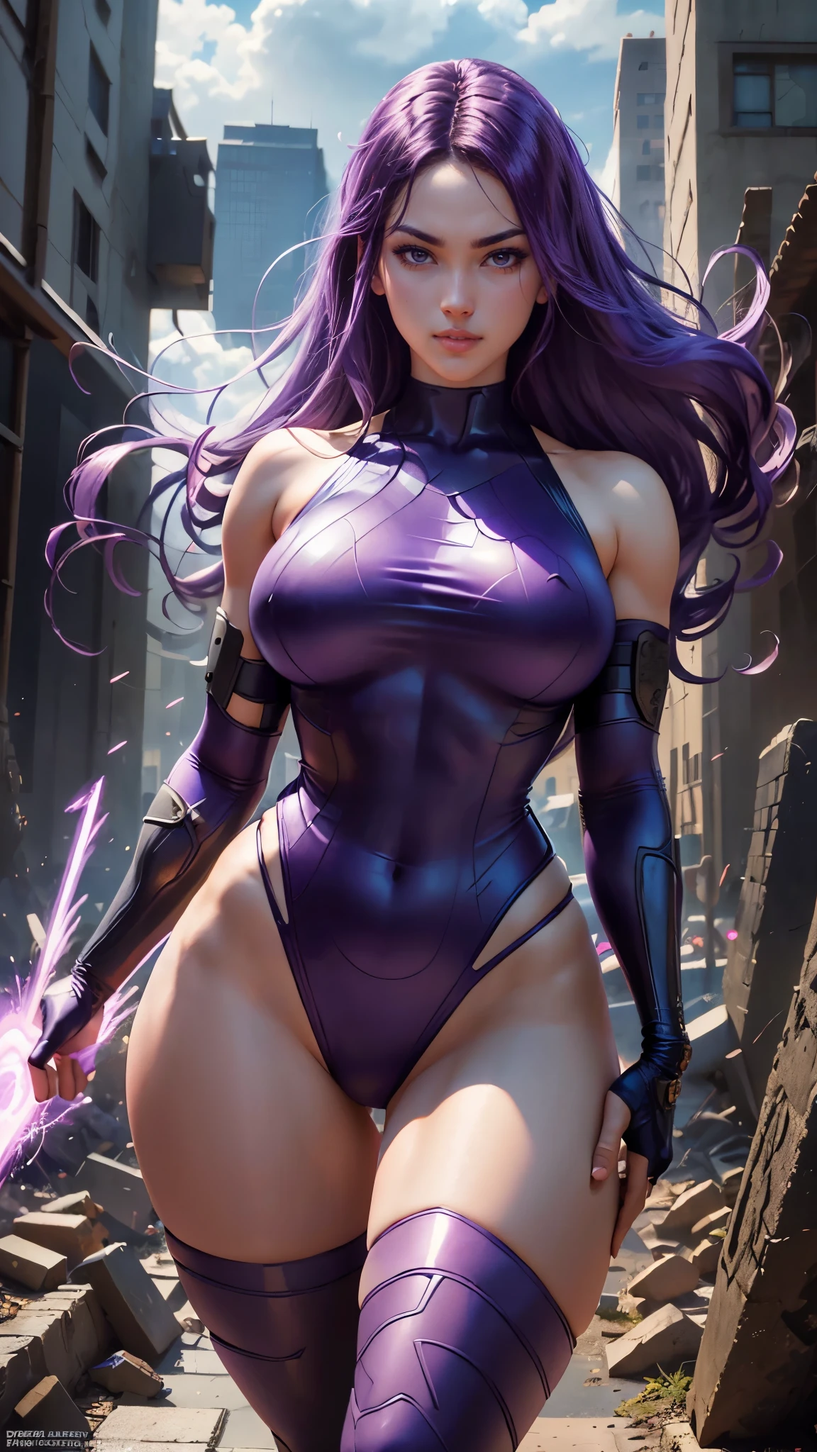 Psylocke da Marvel,(best qualityer,4K,8k,high resolution,work of art:1.2)(weather: cloudy), new york background, city ruins, wide hips, long curly hair, purple hair, sleeveless leotard, arm long fingerless gloves, long red belt, thigh high stockings, hugh heels, light makeup, fighting stance, ultra detailed,portrait,realistic,beautiful detailed blue eyes, beautiful detailed lips,extremely detailed eye and face, long eyelashes,average, large breasts,flying hair,beaming smile, sexy smile,powerful girl in combat, bright coloured, dramatic lighting, purple sparks,