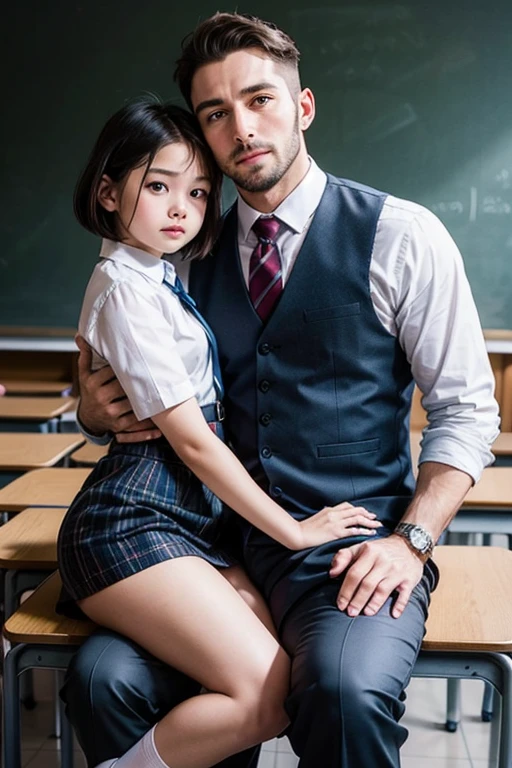 最高image quality、masterpiece、8ｋimage quality、(With a man in his 30s),In the classroom,Russian elementary school students,Elementary school graduation ceremony,((A girl sit on men lap)),The girl is wearing a mini skirt,Panty shot,The male teacher is wearing long trousers.,White socks,short hair,