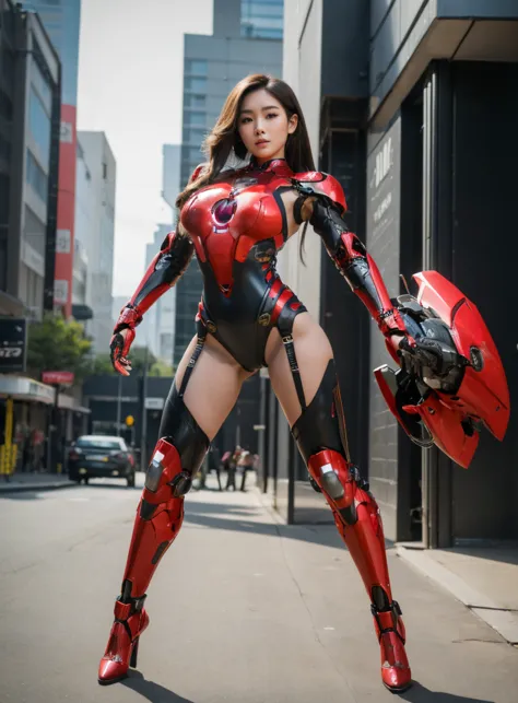 หญิงสาวเกาหลีที่beautifulงาม, black and red iron man suit,((lightweight, comfortable, stretchy bodysuit)), pilot suit, black inn...