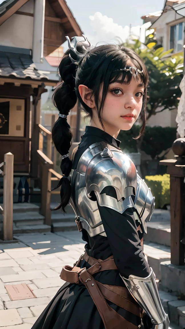 masterpiece, best quality, highres BREAK
dsshadowheart, black hair, long hair, ponytail, bangs, braid, hair ornament, pointy ears, green eyes, circlet, armor, breastplate, pauldrons, 1girl, solo BREAK
standing, castle town, medieval, street, detailed background
