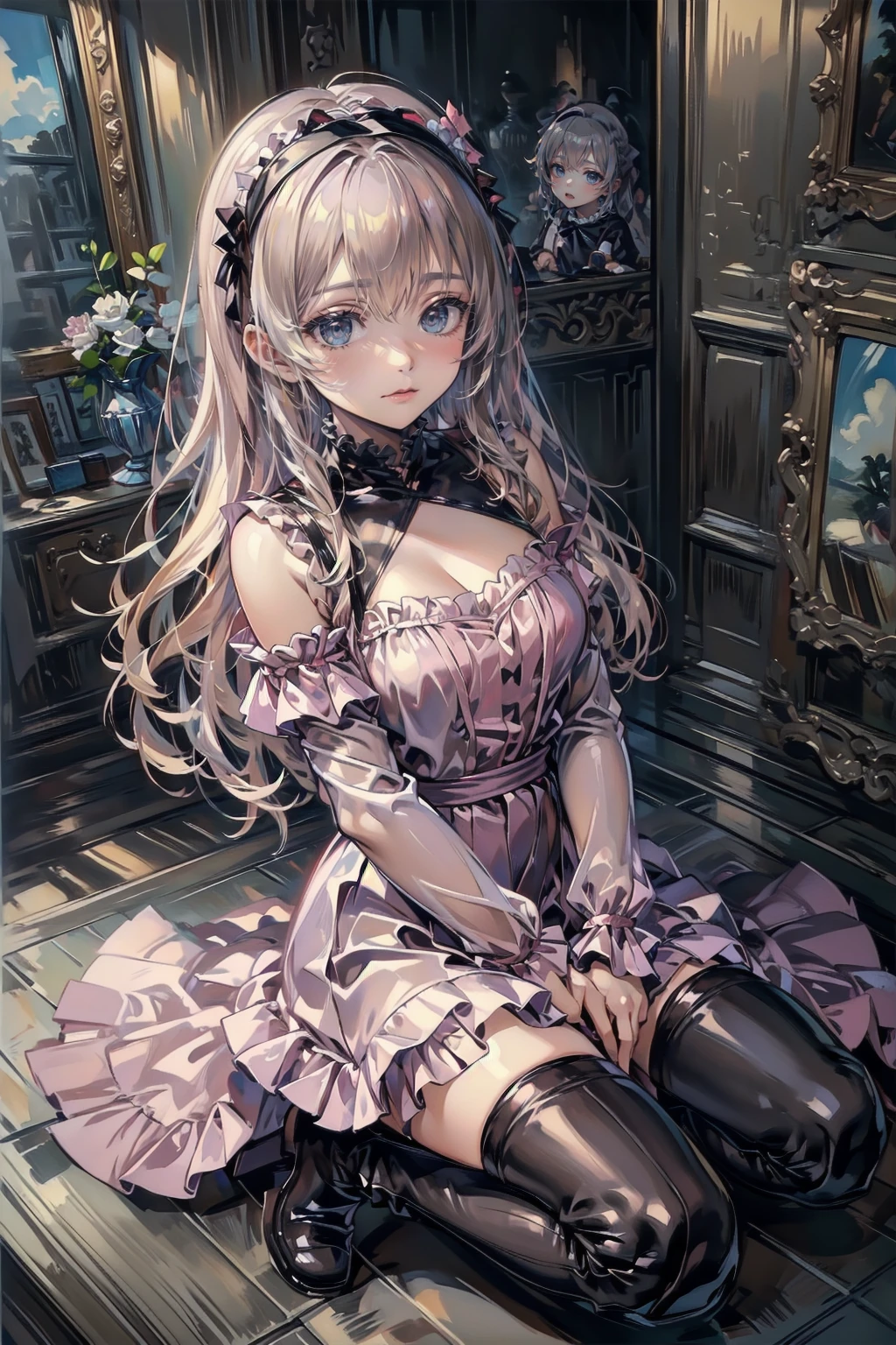 Anime Style、Storytelling、、beautiful girl、とてもcute天使、Pink Gothic Dress、cute、baby face、smile、Long skirt、Black boots、Very cute headband
