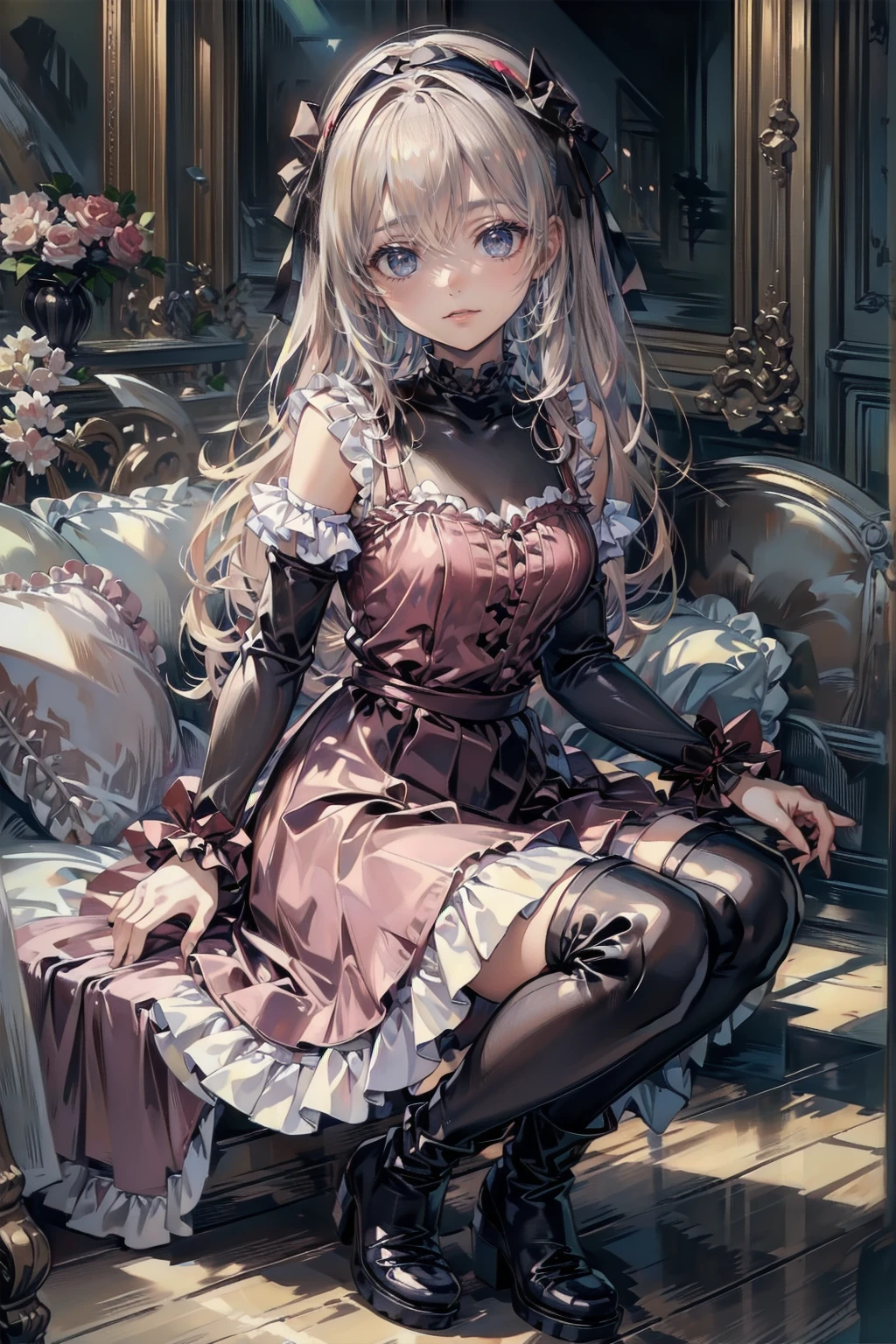 Anime Style、Storytelling、、beautiful girl、とてもcute天使、Pink Gothic Dress、cute、baby face、smile、Long skirt、Black boots、Very cute headband
