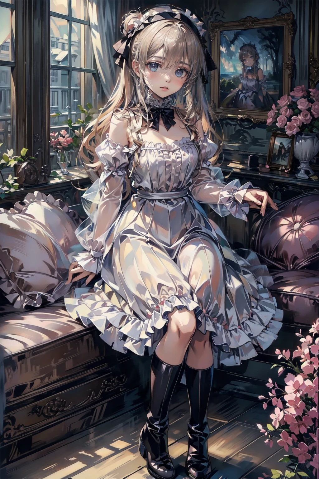 Anime Style、Storytelling、、beautiful girl、とてもcute天使、Pink Gothic Dress、cute、baby face、smile、Long skirt、Black boots、Very cute headband
