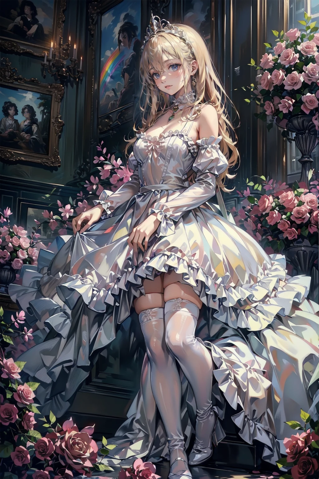 (8k, Best Quality, masterpiece: 1.2), Ultra-high resolution,,Marie Antoinette,Ultra-detailed face,Fine grain,Open your mouth a little,(Blonde),Long Hair,Wavy Hair, break,Rococo Ruffle Dress,Long sleeve dress,The dress includes an extra long skirt,Baroque Dress, Intricate fantasy dress, Gorgeous frilly dress, Romantic Dress, Ruffled Costume,Raffle, Data Style, Formal Wear, Fancy Fashion, palate colors include pink and white,(pink:1.5),Class A Smile,Gold Tiara, necklace,Sit in a luxurious chair,Hands on knees,(Rainbow light:1.4),,Profile of a person gazing out a window,The rosebush is reflected in the window,(Inside Victoria Palace)、Her eyes sparkle、Now her blonde hair reaches down to her waist、Rose-colored gradation and three, 薄いpinkのロック. 彼女は花柄の装飾が施されたGold Tiaraを着用し、Matching earrings, White flower choker. 彼女は金色のボタンで縁取られたフリル付きの白いストライプのpinkのトップを着ている, The white sleeves are shaped like flower buds.. A magenta ribbon runs along her chest.、Tied behind the neck、Matching chest piece, Decorated with flowers. Her frilly skirt is divided by a white lining, Fastened with a large magenta ribbon、Decorated with gold, There is a small ribbon on the back. Her mini skirt、薄いpinkのマゼンタの貝殻状の裏地と白い花のペチコートでできている. 彼女はpinkの花がついた白い手袋も着用している, 白と薄いpinkの靴には、ゆるいカフとDecorated with flowersたマゼンタのリボンがある.
