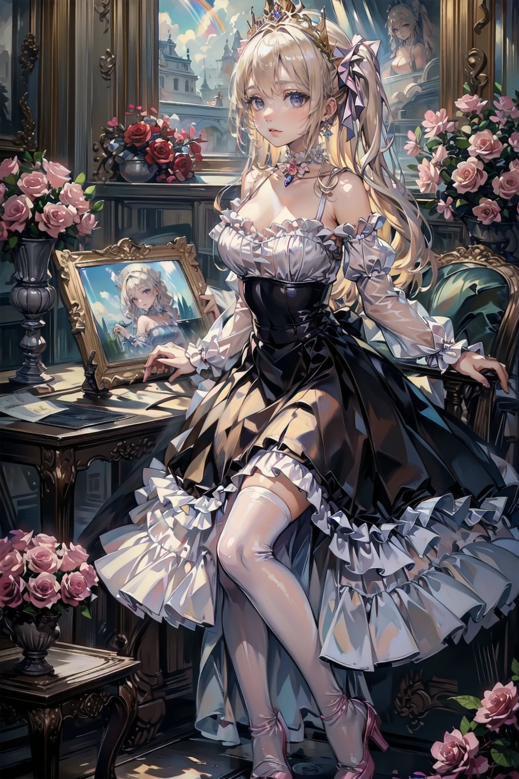 (8k, Best Quality, masterpiece: 1.2), Ultra-high resolution,,Marie Antoinette,Ultra-detailed face,Fine grain,Open your mouth a little,(Blonde),Long Hair,Wavy Hair, break,Rococo Ruffle Dress,Long sleeve dress,The dress includes an extra long skirt,Baroque Dress, Intricate fantasy dress, Gorgeous frilly dress, Romantic Dress, Ruffled Costume,Raffle, Data Style, Formal Wear, Fancy Fashion, palate colors include pink and white,(pink:1.5),Class A Smile,Gold Tiara, necklace,Sit in a luxurious chair,Hands on knees,(Rainbow light:1.4),,Profile of a person gazing out a window,The rosebush is reflected in the window,(Inside Victoria Palace)、Her eyes sparkle、Now her blonde hair reaches down to her waist、Rose-colored gradation and three, 薄いpinkのロック. 彼女は花柄の装飾が施されたGold Tiaraを着用し、Matching earrings, White flower choker. 彼女は金色のボタンで縁取られたフリル付きの白いストライプのpinkのトップを着ている, The white sleeves are shaped like flower buds.. A magenta ribbon runs along her chest.、Tied behind the neck、Matching chest piece, Decorated with flowers. Her frilly skirt is divided by a white lining, Fastened with a large magenta ribbon、Decorated with gold, There is a small ribbon on the back. Her mini skirt、薄いpinkのマゼンタの貝殻状の裏地と白い花のペチコートでできている. 彼女はpinkの花がついた白い手袋も着用している, 白と薄いpinkの靴には、ゆるいカフとDecorated with flowersたマゼンタのリボンがある.
