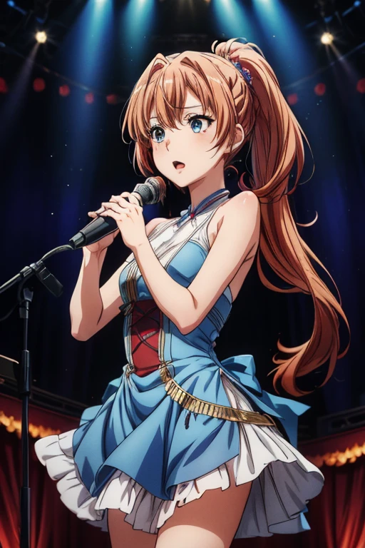 anime、High resolution、Best Quality、masterpiece、One Woman、Chestnut Hair、ponytail、Beautiful Eyes、short cocktail dress、Red Cocktail Dress、Singing a song、Microphone Stand、On stage、Blue lighting、Singing passionately、大きなOn stage