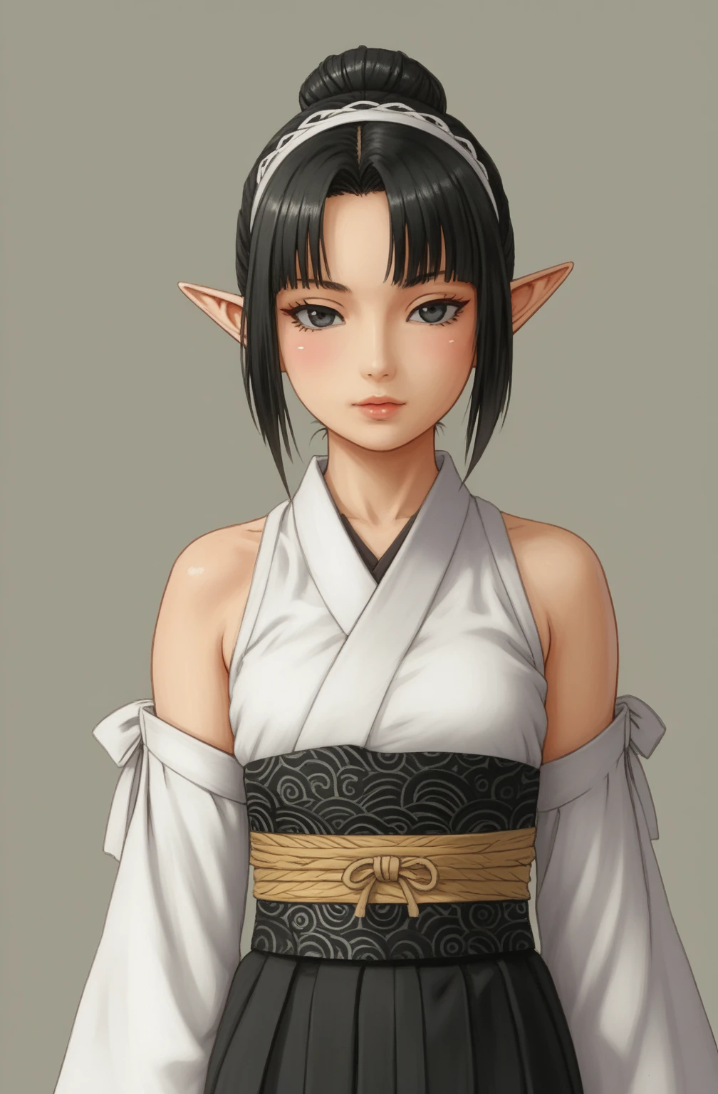 Full body shot of an anime character wearing short black and white hakamas, two ribbons {one at each side of her hairband}, white obi with black and white seigaiha pattern, girl with elf ears, a beautiful young girl with long black hair tied up in one single bun centered on top of her head, asymmetrical chopped bangs sideswept to the right, white hairband with ribbons on both sides of her head, a lock of hair falling in front of the right side of her face. Full shot of an anime character wearing short black and white hakamas, two ribbons {one at each side of her hairband}, white obi with black and white seigaiha pattern, create a digital illustration of full body of a female character with almond-shaped black eyes, elf ears, and round dots instead of eyebrows. For the hairstyle, she should have black hair styled into a single bun at the back of her head, complemented by asymmetrically chopped bangs that transition into a long lock on one side. Her outfit should match short hakama with detached sleeves and frills under the shorts and the sleeves, in a gothic style, featuring intricate white lace patterns, detailed cutouts, and a white obi with a black seigaiha black pattern. The upper part of the outfit should be a kimono blouse with detached sleeves. The outfit should include layered skirts and ribbon details to emphasize a similar aesthetic. Add a muted background that complements her striking attire and hairstyle. Artwork in the style of guweiz, digital art inspired by the style of Ilya Kuvshinov, 8k, high resolution, HDR, vivid colors, dramatic light detailed anime art, 8k, high resolution, dramatic lighting, artwork in the style of guweiz, detailed portrait of anime girl, beautiful anime full body shot, anime realism style, anime style full body shot, anime style, realistic anime art style, digital art ilya kuvshinov, realistic anime artstyle, ilya kuvshinov. Full body shot anime girl, girl wearing black hakama with detached sleeves.
