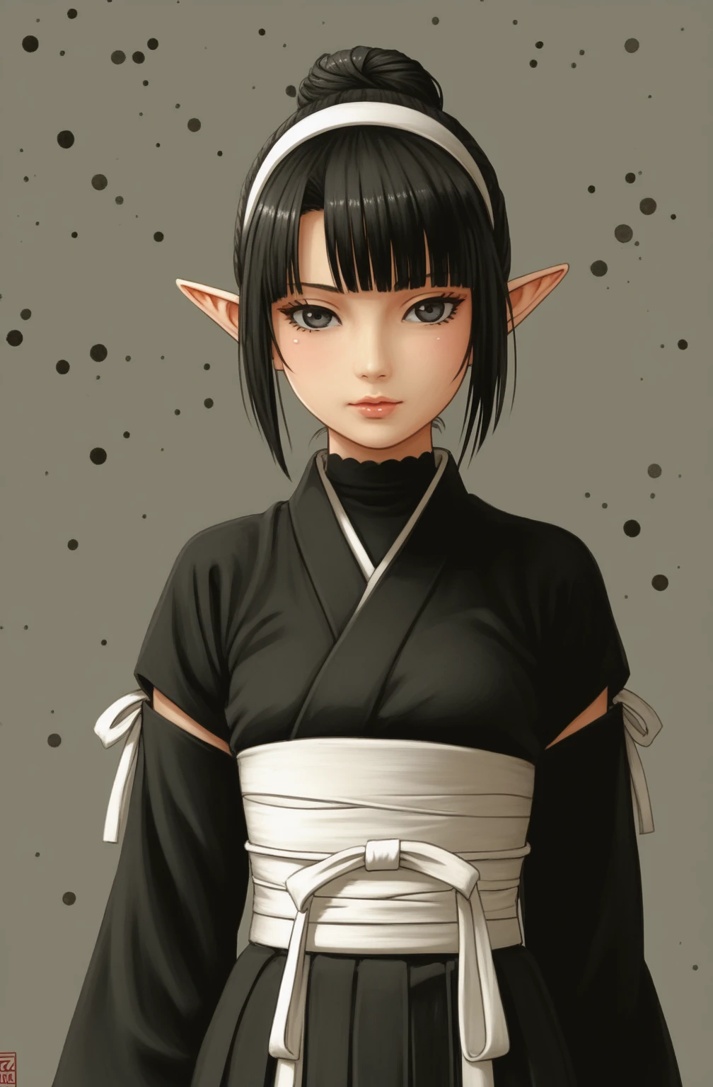 Full body shot of an anime character wearing short black and white hakamas, two ribbons {one at each side of her hairband}, white obi with black and white seigaiha pattern, girl with elf ears, a beautiful young girl with long black hair tied up in one single bun centered on top of her head, asymmetrical chopped bangs sideswept to the right, white hairband with ribbons on both sides of her head, a lock of hair falling in front of the right side of her face. Full shot of an anime character wearing short black and white hakamas, two ribbons {one at each side of her hairband}, white obi with black and white seigaiha pattern, create a digital illustration of full body of a female character with almond-shaped black eyes, elf ears, and round dots instead of eyebrows. For the hairstyle, she should have black hair styled into a single bun at the back of her head, complemented by asymmetrically chopped bangs that transition into a long lock on one side. Her outfit should match short hakama with detached sleeves and frills under the shorts and the sleeves, in a gothic style, featuring intricate white lace patterns, detailed cutouts, and a white obi with a black seigaiha black pattern. The upper part of the outfit should be a kimono blouse with detached sleeves. The outfit should include layered skirts and ribbon details to emphasize a similar aesthetic. Add a muted background that complements her striking attire and hairstyle. Artwork in the style of guweiz, digital art inspired by the style of Ilya Kuvshinov, 8k, high resolution, HDR, vivid colors, dramatic light detailed anime art, 8k, high resolution, dramatic lighting, artwork in the style of guweiz, detailed portrait of anime girl, beautiful anime full body shot, anime realism style, anime style full body shot, anime style, realistic anime art style, digital art ilya kuvshinov, realistic anime artstyle, ilya kuvshinov. Full body shot anime girl, girl wearing black hakama with detached sleeves.
