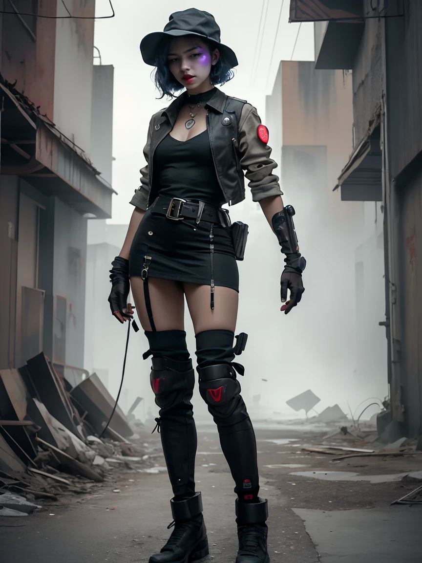 Post Apocalyptic Style Women With Medium Hair Cyberpunk Hat Apocalyptic Long Dress With High Detail Joker Text Apocalyptic Nested Shirt Knee Pads With Belt Holster Bulletproof Vest, Woman body defined thick thighs cybernetic body parts