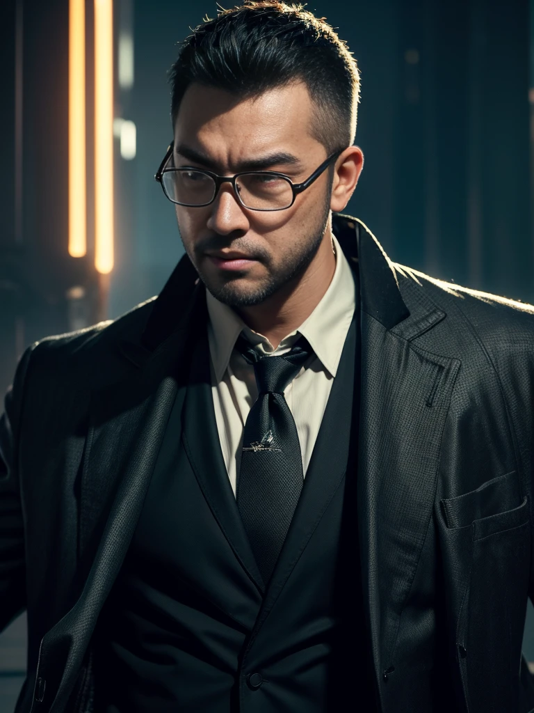 masterpiece, best quality, solo, crew cut, (((full body))), ((scenery)), mature man, muscular, beefy body, asian man, brown eyes, rounded face, glasses, (((stubbles, Short beard))), (Beautiful eyes:1.3), (Detailed face:1.3), Dynamic Angle, volumetric lighting, (Best quality, A high resolution, Photorealistic), Cinematic lighting, Masterpiece, RAW photo, Intricate details, hdr, depth of field, tall, close-up, dynamic angle, tech noir, calm cyberpunk style, 1 man holding futuristic handgun, action movie scene, half updo, squinting, sad, black suit and tie, masterpiece, best quality, realistic digital art