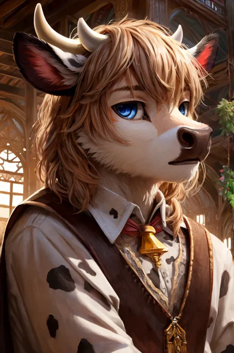 fluffy, teen skinny twink male cow fluffy, high quality masterpiece, extremely detailed, detailed face and eyes, cow horn、cow&#3...