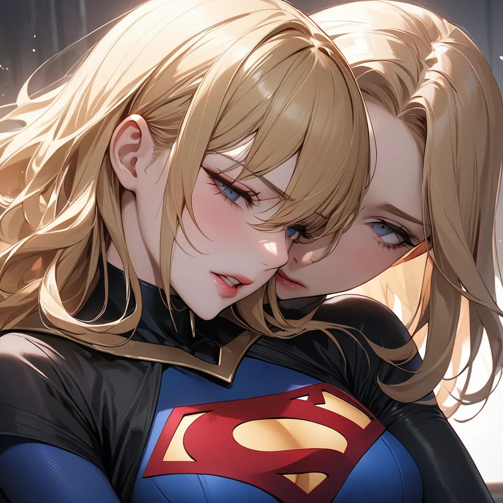 ((Best Quality)), ((masterpiece)), (detailed), （Perfect Face）、The woman is an evil supergirl, a dark heroine wearing a sexy black costume with blonde medium-long hair.、A woman is hugging and kissing a man、The man is Lex Luthor and he&#39;s a villain.