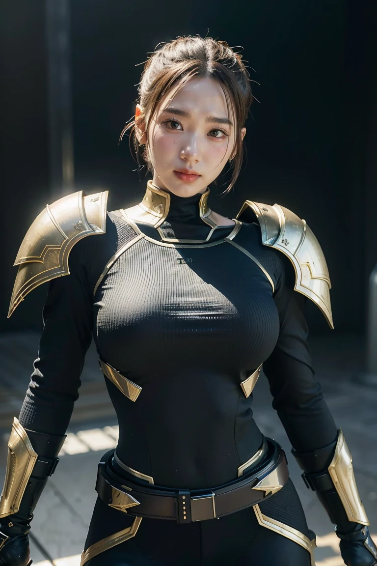 Game art，The best picture quality，Highest resolution，8K，(A bust photograph)，(A bust:1.5)，(Portrait)，(Head close-up)，(Rule of thirds)，Unreal Engine 5 rendering works， (The Girl of the Future)，(Female Warrior)， 20-year-old girl，An eye rich in detail，(Big breasts)，Elegant and noble，indifferent，brave， (Future style combat suit combining the characteristics of ancient armor，Ancient runes of light，Combat accessories with rich detailetallic luster)，Future police，cyberpunk characters， photo poses，simple background，Movie lights，Ray tracing，Game CG，((3D Unreal Engine))，OC rendering reflection pattern