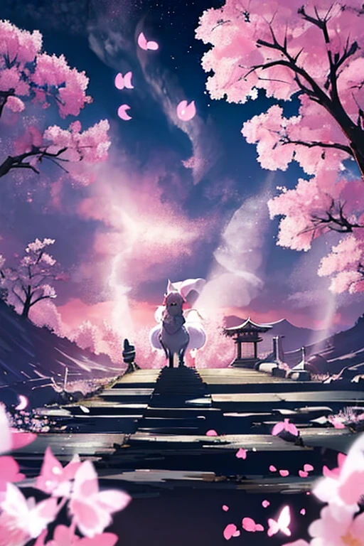 Westboundji yuyuko Have a picnic under a cherry blossom tree eating gourmet food, Cherry Blossoms at Night, Moonlit Night, Drinks, Have a picnic, Small breasts, Default Outfit, Westboundji yuyuko, Westbound_ayakashi, Naked_tree, 1Chibi princess, Stand next to 🐎, Grin, cute, (Chibi　Riding a pure white horse　There are pure white horses