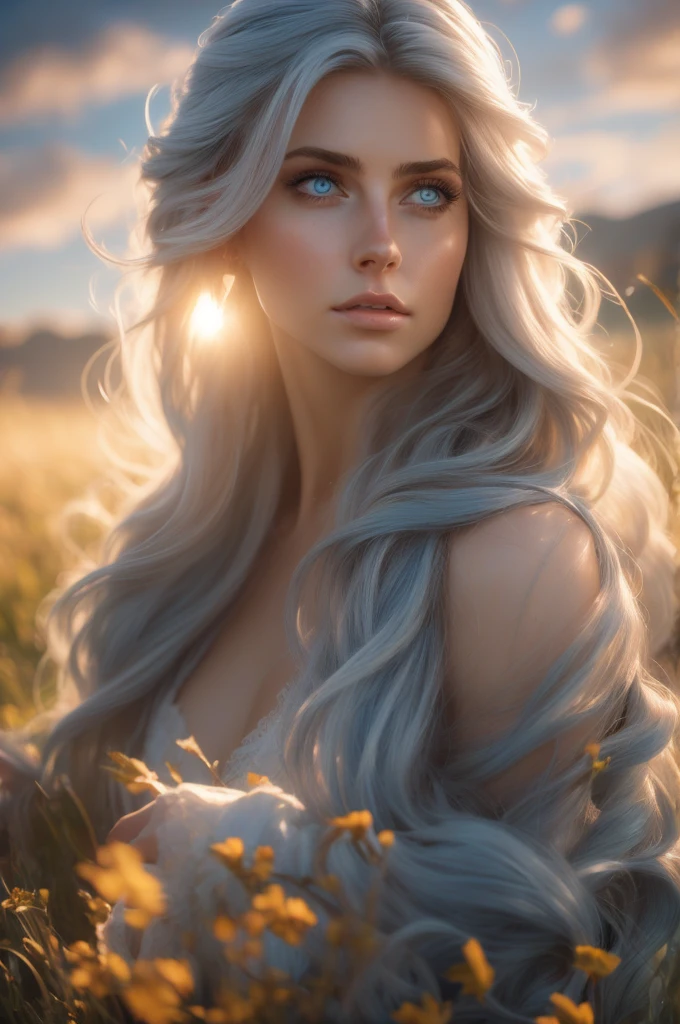 a stunningly beautiful woman with long flowing hair,piercing blue eyes,field of wildflowers,sun setting in the background,photorealistic,hyper detailed,vibrant colors,dramatic lighting,cinematic composition,ethereal atmosphere,magical realism,intricate details,high quality digital art