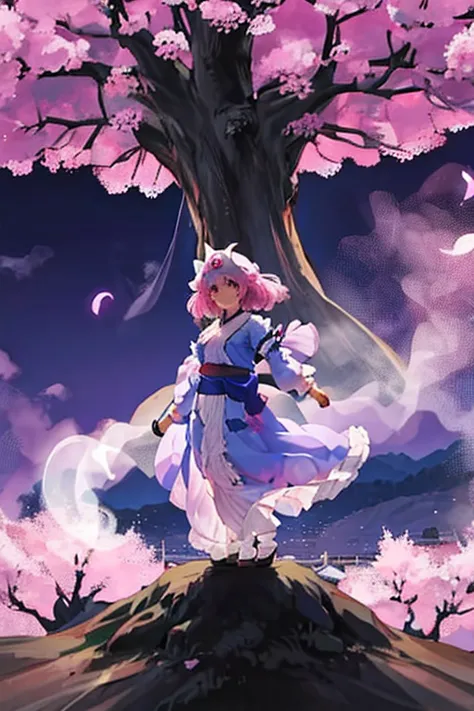 westboundji yuyuko have a picnic under a cherry blossom tree eating gourmet food, cherry blossoms at night, moonlit night, drink...